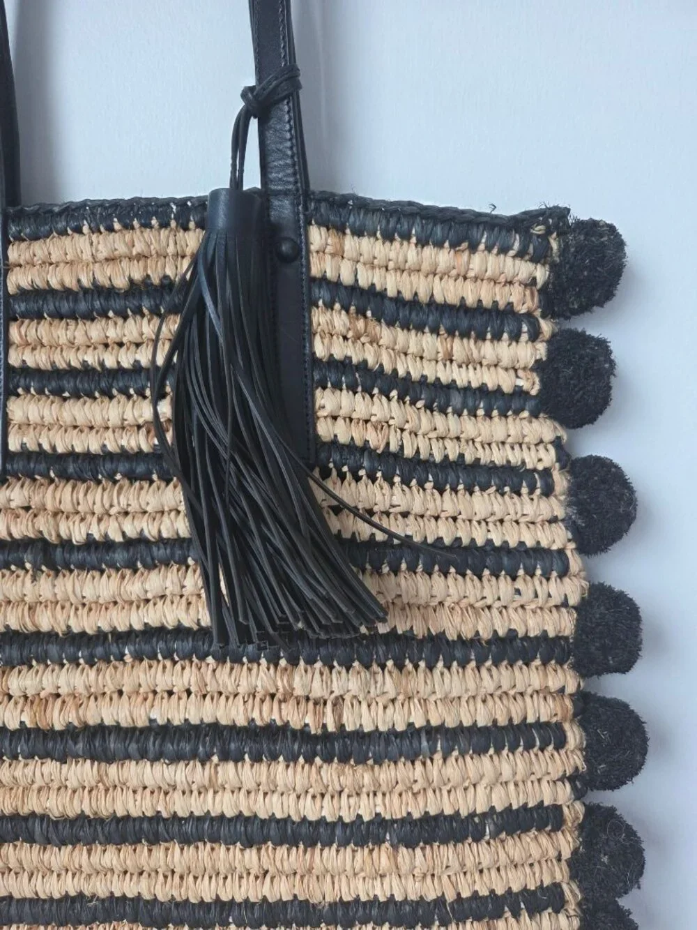 Loeffler Randall Striped Straw Tote Black Leather Straps & Tassel Pom-Pom Edges